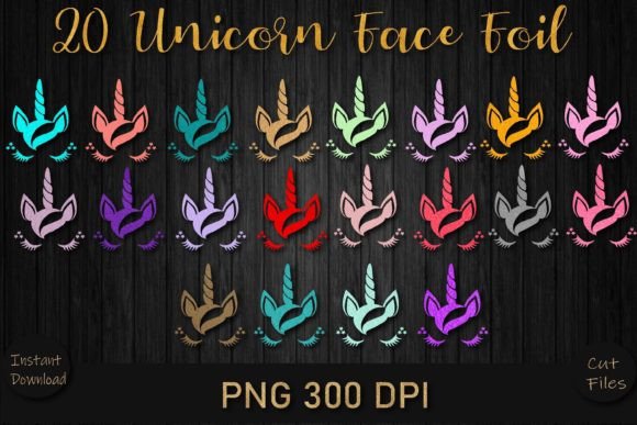 20 Unicorn Face Foil PNG Bundle