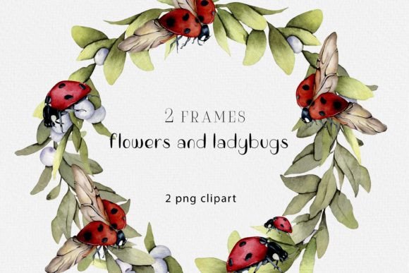 Watercolor Frame of Flowers and Ladybugs